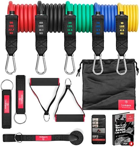 BeMaxx Fitness Resistance Band Set Training Guide - Premium Expanding Tubes | Heavy Duty Bands: 5 Latex Exercise Cords + Handles, Door Anchor & Ankle Straps - Leg & Full Body Workout | Men, Women