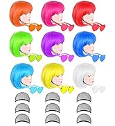 9 Pack Colored Wigs, Funky Colorful Wigs, Short Bob Hair Wigs, Neon Party Wigs, Cosplay Wigs with...