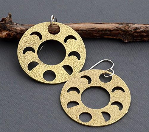 Large brass dangle moon phase hoop earrings celestial jewelry hypoallergenic nickle free