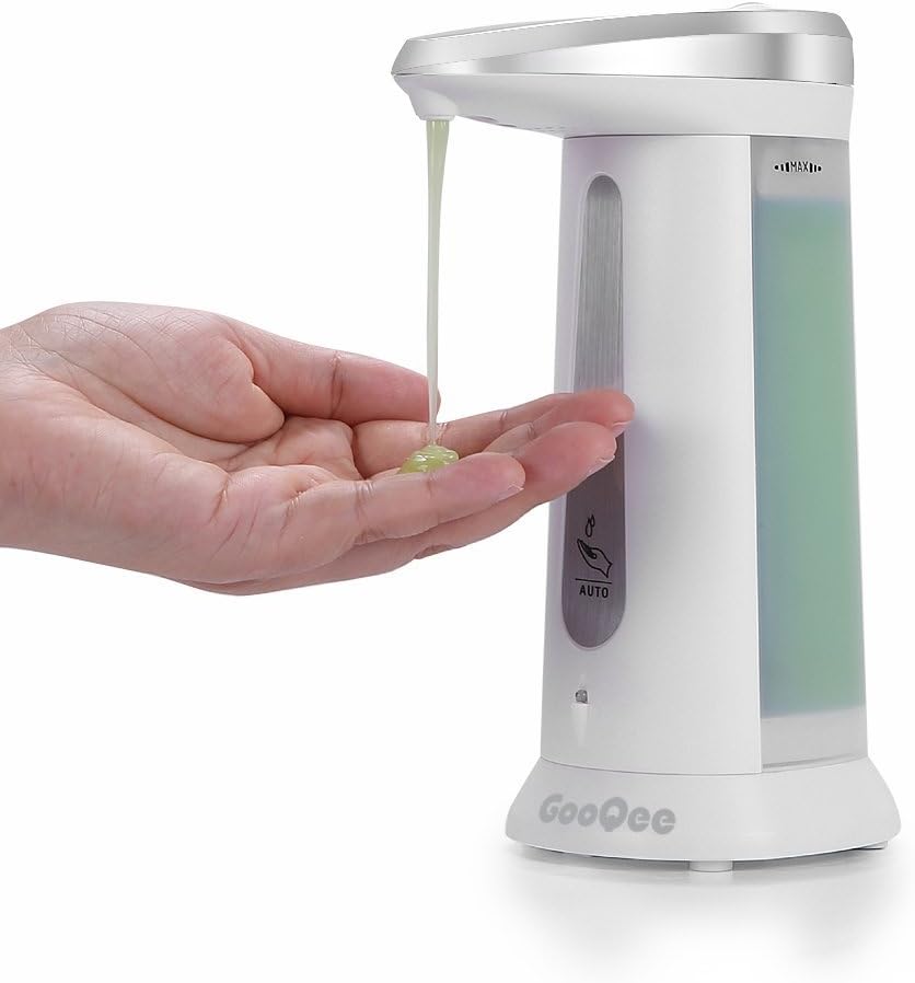 GooQee Automatic Soap Dispenser Touchless Countertop Liquid Holder - Hand Sanitizer Shampoo Lotion Remain Visible - Waterproof Base for Kitchen Bathroom - Chime Optional (White 12oz/340ml)