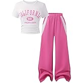 GOLLUNER Girls 2 Piece Outfits Short Sleeve Letter Print Top+Wide Leg Pants with Pockets Summer Clothing Set Sizes 8-15 Years