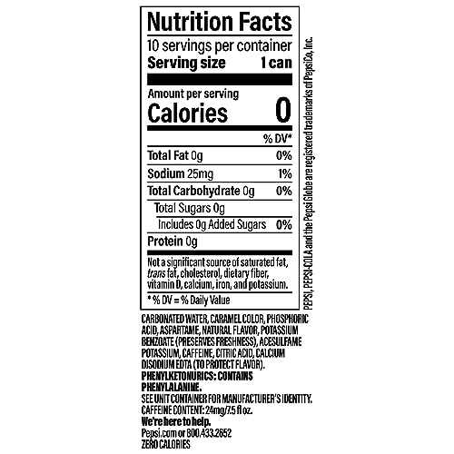 PEPSI ZERO SUGAR COLA SODA POP, 7.5 OUNCE MINI CANS, (10 PACK) (PACKAGING MAY VARY)