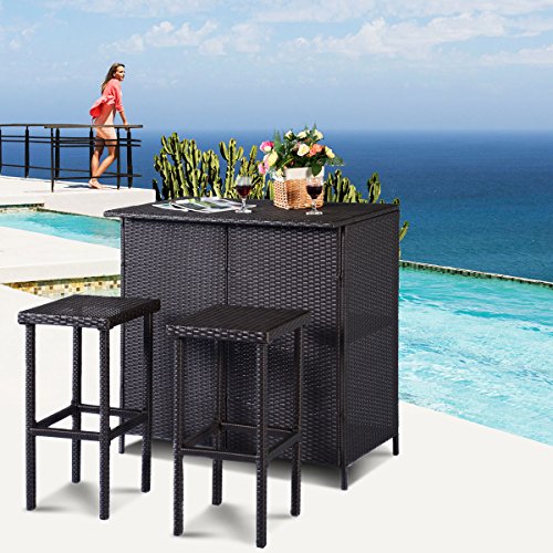 Tangkula 3 Piece Patio Bar Set Rattan Wicker Bar Stools & Table for Lawn Pool Backyard Garden