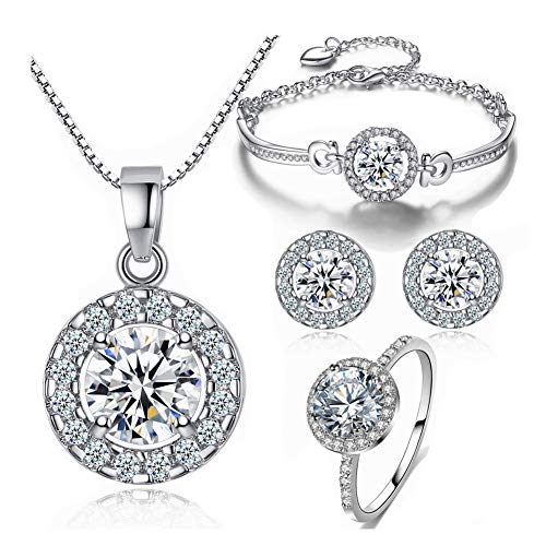 Y&M Bridal Austrian Crystal Necklace Earrings Bracelet 8 Size Ring 4pcs Jewelry Sets Gifts Fit with Weddding Dress