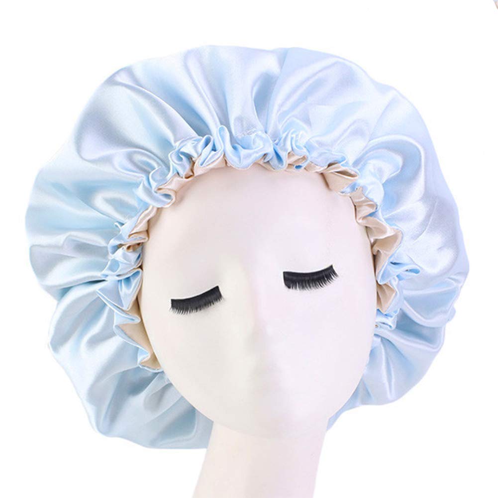Cospack Extra Large Double Layer Reversible Adjustable Satin Cap for Sleeping Hair Bonnet (L.blue+Beige)