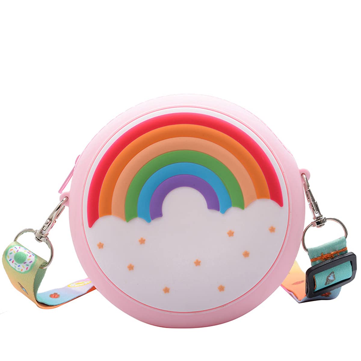 YANGWEN Silicone Rainbow Round Crossbody Coin Bag Kid Toddler Girl Children Shoulder Handbag Adjustable Strap Holiday Travel Pocket Pack