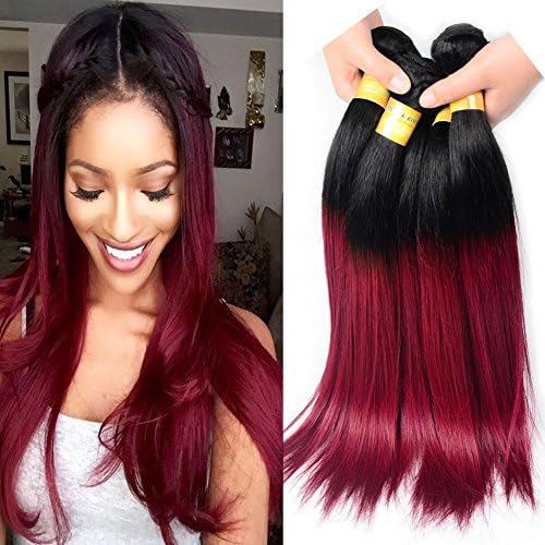 Black Rose Hair Brazilian ombre hair 3 bundles 14 16 18 Inches Straight ombre hair extensions two tone #1b/burgundy black to red Straight Human Hair Weave,100g/piece