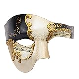 Half Face Men's Phantom of The Opera Vintage Design Venetian Carnival Masquerade Mask (Beige & Black)