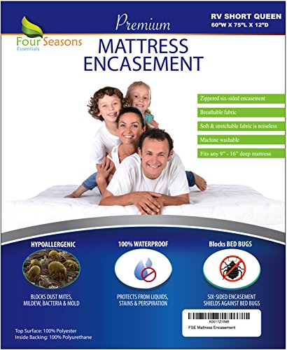 Four Seasons Essentials RV Short Queen Mattress Protector (60" Wx75 L) Bedbug Waterproof Zippered Encasement Hypoallergenic Premium Quality Cover Protects Against Dust Mites Allergens