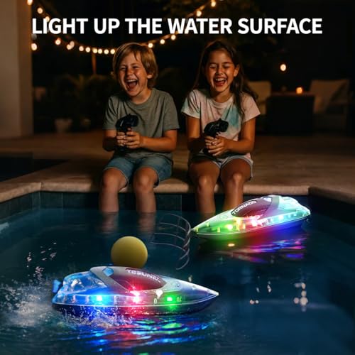 RC Fast RC Boat - 2.4GHz Waterproof Dual RC Boat Set with LED Double Propeller, Automatic Flip 2 Speed, 4 Batteries, for Kids Adults, Swimming Pool and Lake