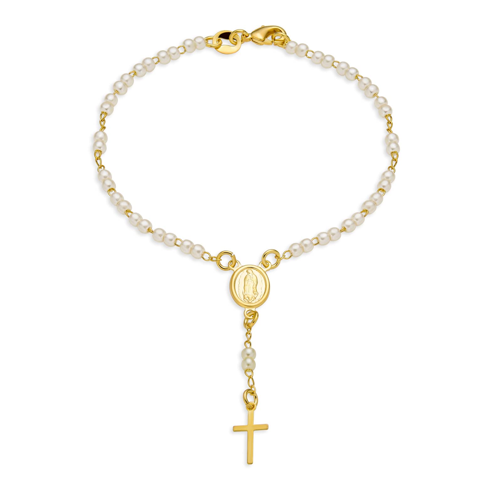 Bling Jewelry Dainty Delicate White Simulated Pearl Cross Guardian Virgin Mother Mary Rosary Bead Pray Bracelet For Women For Teen Gold Plated Brass 7.5 Inch