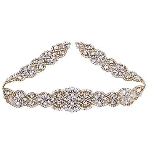 FANGZHIDI Bridal Rhinestone Appliques, 23.4 Inches Gold Beaded Patches with Sparkle Clear Crystal Stone and Pearls- Best for DIY on Wedding Dress, Sew on or Iron on Bridal Belt Sash, Wedding Cake