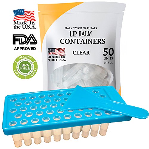 Lip Balm Container Tray Kit with Fill Tray and Spatula, BPA Free, Made in the USA, Includes 50 Clear Lip Balm Containers with Caps (0.15 oz each) by Mary Tylor Naturals