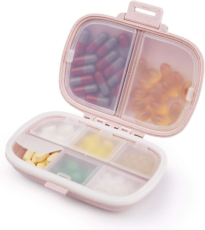 Small Pill Organizer(2 Pack), FOODAGE 8 Compartments Large Capacity Pill Box for Purse, Travel Medcine Storage Organizer Case for Daily Vitamins, Supplement (Pink)