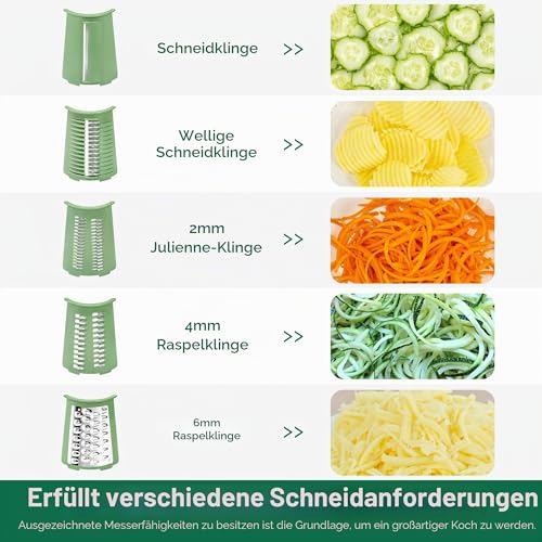 SUSTEAS Cheese Grater with Crank - Grater for Vegetables with 5 Drum Blades, Strong Suction Base, Vegetable Cutter, Ideal for Cheese, Cucumbers, Carrots, Nuts, Vegetables etc., with Blade Storage Box (Retro Green)