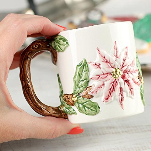 Group of 4 Ceramic Painted Pink Poinsettia Mugs with Branch Painted Handles for Displaying, Crafting and Decorating