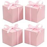 KUPOO 50PCS Favor Boxes,Candy Boxes 2.2x2.2x2.2 Inches Small Gift Boxes with Ribbons for Wedding Baby Shower Decorations Birthday Party Supplies (Pink)