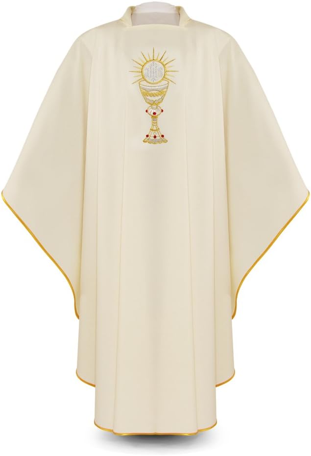 Gold Urbanowicz Vestment/Chasuble Creme is Made from Natural Diakos with an Embroidered IHS