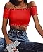 PRETTODAY Women's Sexy Off Shoulder Crop Tops 10 Colors Summer Long Sleeves Casual Slim Tees (Small, A-Red-D)