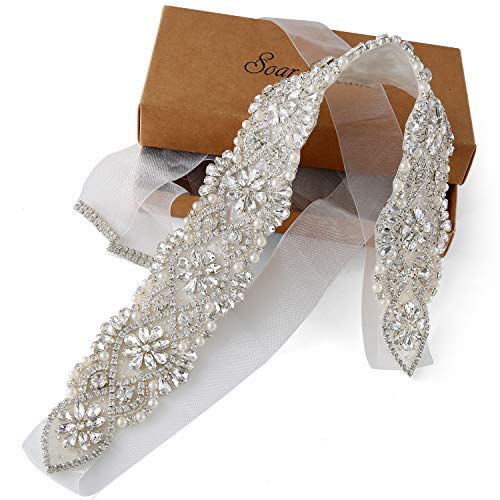 SoarDream Wedding Sash White Organza Ribbon-Crystal Beaded Belt Bridal Sash Wedding Belt for Bride - Thumbnail 6