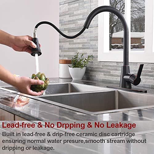VALISY Lead-free Antique Stainless Steel Single Handle Single Lever Pull Out Pull Down Sprayer Oil Rubbed Bronze Kitchen Sink Faucet, Kitchen Faucet with Deck Plate - Thumbnail 4