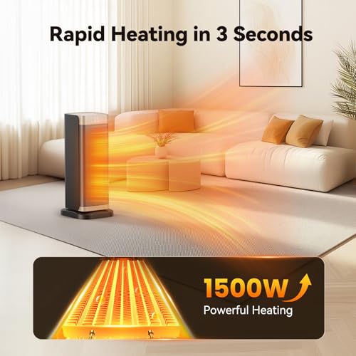 Space Heater for Indoor Use, 1500W PTC Ceramic Fast Heating with Thermostat, 70° Oscillating, 12h Timer, Overheating & Tip-Over Protection, Portable Electric Heater for Bedroom OfficeHome, 16'' Tall