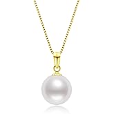 DENGGUANG 18K Gold Freshwater Cultured White Pearl Necklace, 8-10mm Single Pearl Pendant with 18" Sterling Silver Chain, Mothers Day Anniversary Birthday Wedding Jewelry Gifts for Women