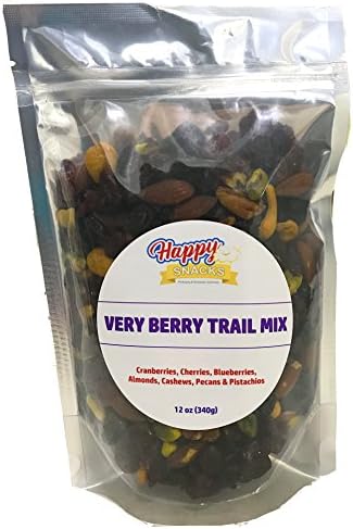 Happy Snacks Very Berry Trail Mix - Cranberries, Cherries, Blueberries, Almonds, Cashews, Pecans & Pistachios - Resealable Stand-Up Pouch Bag (12 oz)