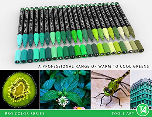 Acrylic Paint Pens Set of 22 Assorted Pro Color Series Markers, 0.7mm Extra Fine Tip for Rock Painting, Glass, Cups, Wood, Canvas, Non-Toxic (Green)