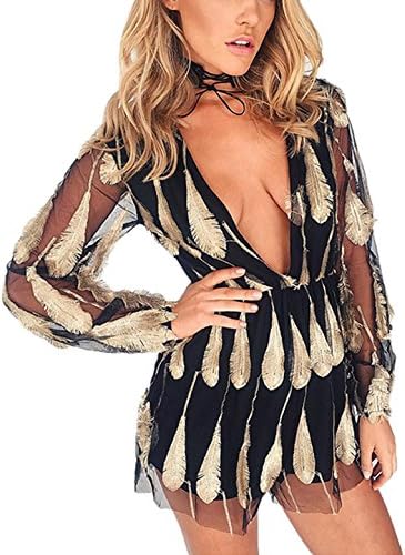 Lily Rosie Girl Women's Casual Embroidery Feather Sashes Playsuit Sexy V Neck Jumpsuit (Medium, Black)