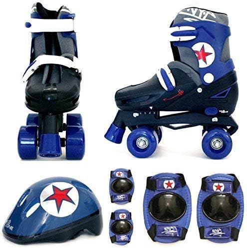 Sk8 Zone Boys Blue Black Quad Skates Padded Kids Roller Boots Safety Pads Helmet Childrens Skate Set