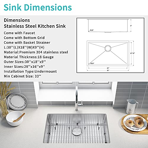 30 Inch Undermount Kitchen Sink, 30'' x 18'' x 9'' Workstation Drop in Stainless Steel Handmade