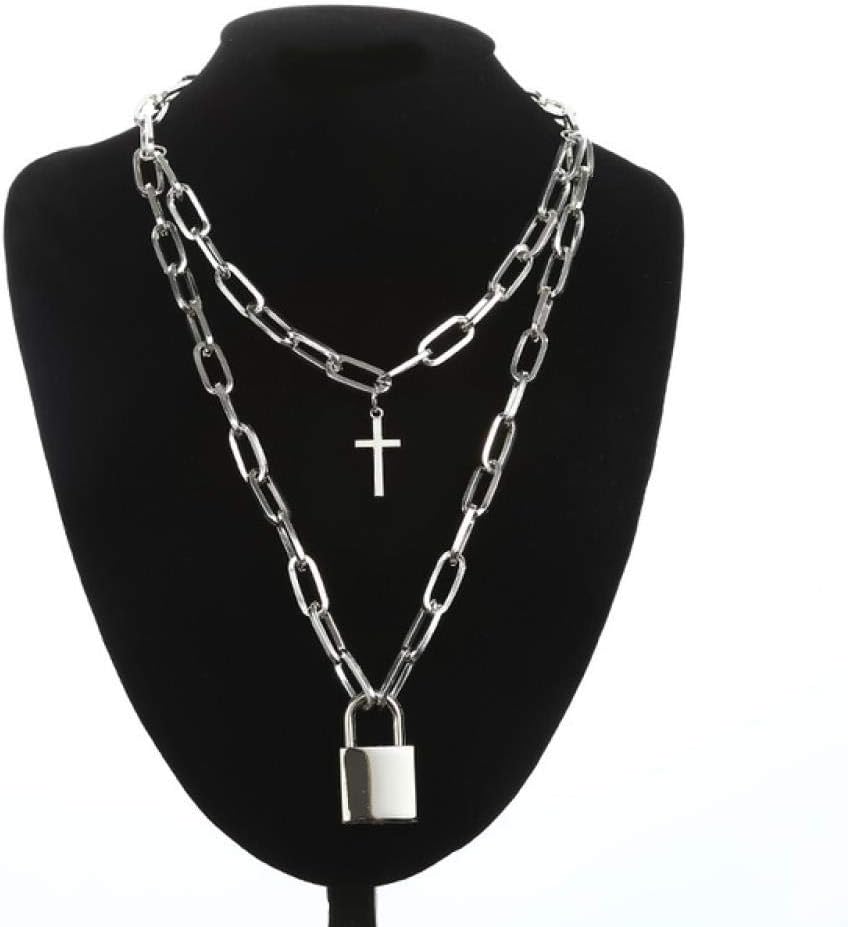 Multi-Layer Punk Cross Chain Necklace Square Lock Necklace Female Men Metal Padlock Chain Hip Hop Cool Jewelry Gift, Silver