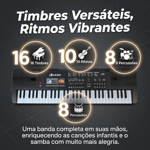 VEDO Digital Teclado 61 Teclas Infantil, Alto-Falantes Estéreo, Instrumentos Musicais Infantis, 10 Ritmos, 16 Timbres, 8 Percussão, 6 Músicas Demonstração, 2 Funções de Aprendizagem, Ótimo Presente