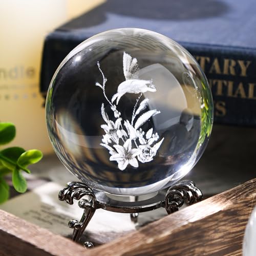 FUTUREPLUSX Crystal Ball with Stand, 3D Hummingbird Crystal Ball Glass Sphere for Home Weeding Decor 2.4\