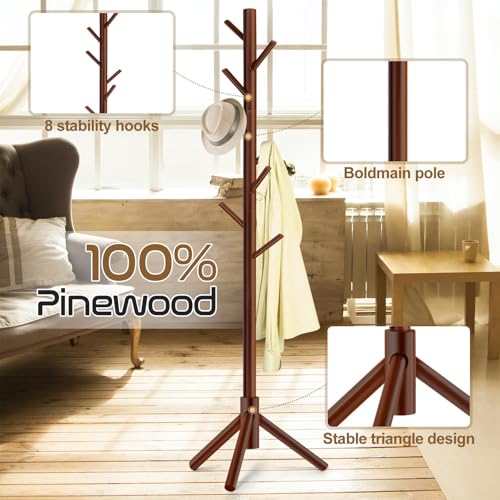 Solid Wooden Coat Rack Freestanding, New Zealand Pine Coat Tree with 8 Hooks & 3 Adjustable Sizes for Coats, Hats, Handbags and Scarves, Space Saving for Entryway/Office/Bedroom (175cm)