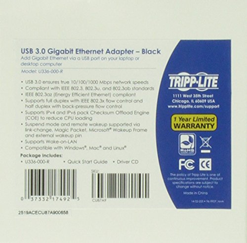 Tripp Lite USB 3.0 SuperSpeed to Gigabit Ethernet NIC Network Adapter 10/100/1000 Mbps(U336-000-R)
