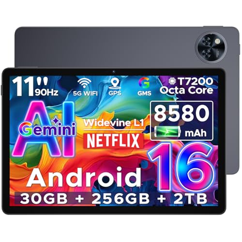 DOOGEETab U11 Pro Android 16 Tablet 11 Inch, 30GB RAM+256GB ROM+2TB TF, Unisoc T7200 Octa-Core 8580mAh Tablets, 90Hz HD Android Tablet, Gemini AI, Widevine L1, Camera 13MP/5G WiFi/3.5mm Audio/GPS