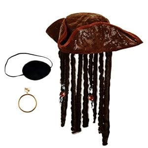 Tigerdoe Pirate Hat with Dreadlocks - Tricorn Pirate Hat - Caribbean Pirate Hat - Pirate Costume Accessories (3 Piece Set)