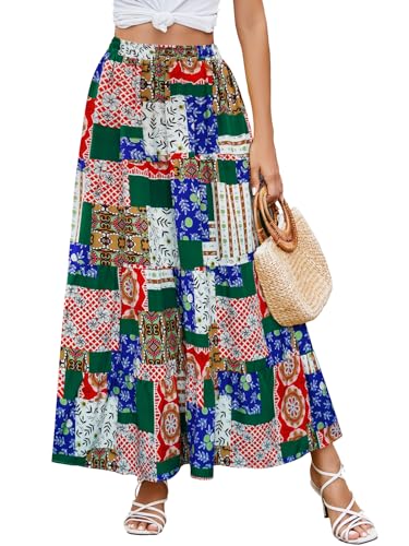 Berydress Long Skirts for Women Trendy Elastic Waist Flowy Summer Ankle Length Boho Flared A Line Tiered Maxi Skirt