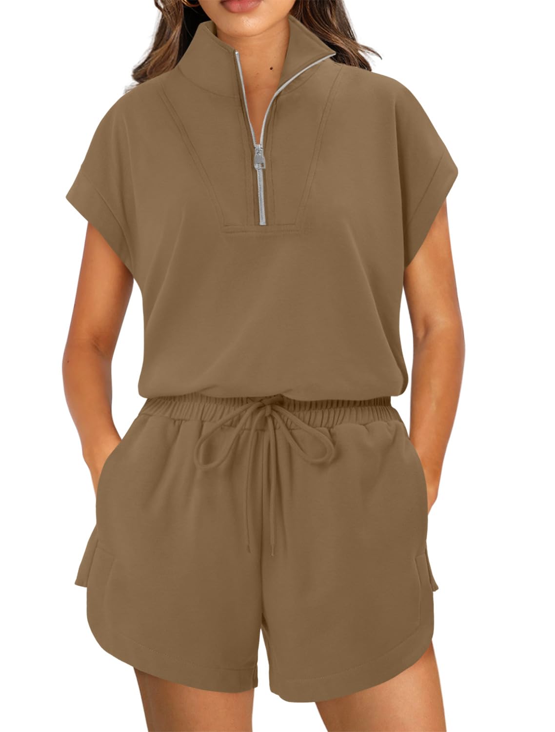 Photo 1 of **BOTTOMS ONLY TOP IS MISSING** KISSMODA Two Piece Sets for Women Sweatsuit Half Zip Casual Tracksuits Short Sleeve Pullover Tops and Shorts 2025 Lounge Outfits Khaki, Large