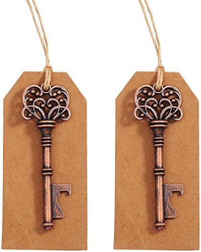 SL crafts Key Bottle Opener with Tag Card Antique Copper Skeleton keys Wedding Favors (50)