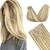 GOO GOO Clip in Hair Extensions Real Human Hair, Remy Human Hair Extensions Clip ins for Women, Natural Human Hair, 22inch 150g 7Pcs, 16/22 Light Blonde Highlighted Golden Blonde