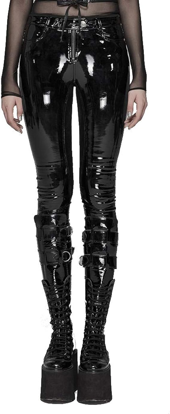 goth black leather leggings trousers skinny tights pants women