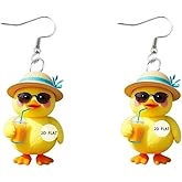 Yellow Duck Acrylic Dangling Cute Cartoon Hook Earrings for Women Funny Creative Animal Duckie with Sunglasses and Beach Hat Dangle Drop Lightweight Earring Summer Vcation Novelty Ducky Jewelry