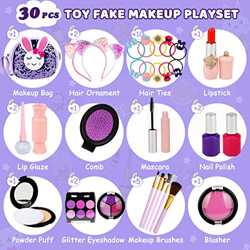Libay Kids Makeup Kit - 30 Pc Pretend Makeup Set for Girl with Shinny Rabbit Cosmetic Bag Include Everything Your Princess Needs, Great Gift for Little Girls 3 4 5 6 7 8 Year Old (Not Real Makeup)