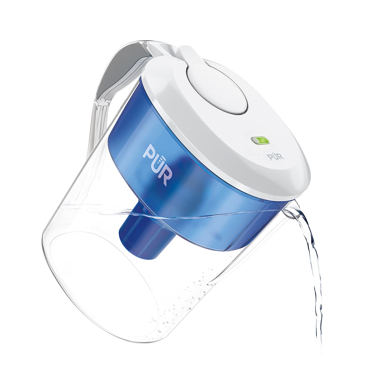 Photo 1 of PUR 11-Cup Water Pitcher with 1 Genuine PUR Filter, 2-in-1 Faster Filtration, Dishwasher Safe, Filter Change Light, Easy Fill Lid, LockFit lid, Blue/White (CR1100C)