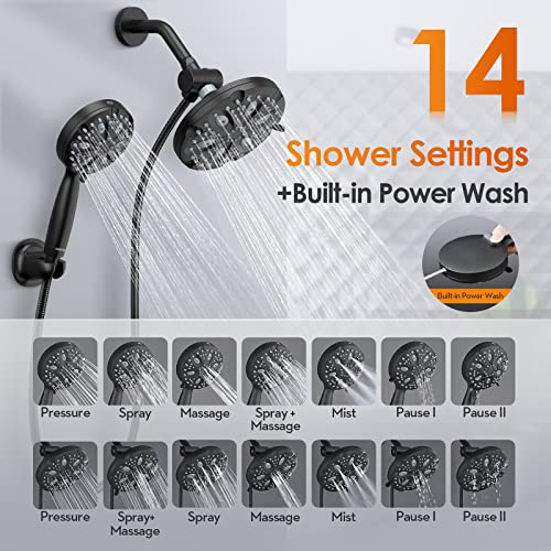 Shower Head Combo-WaterSong 14 settings 7'' Rain Showerhead+5'' Handheld Shower Spray with Build in Power Wash, 6.5ft Hose/Adjustable Mount for Bath Massage Spa, 3-Way Diverter, Matte Black