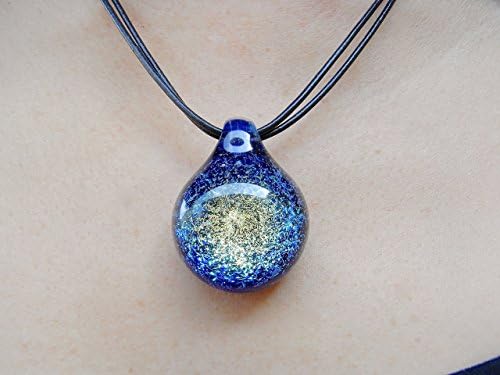 Handmade Hand Blown Glass Cobalt Blue Dichroic glitter teardrop Pendant Necklace, 14"- 22"(A4)