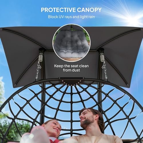 Outsunny Double Hanging Egg Chair with Canopy, Foldable Wicker Egg Swing Chair with Steel Stand, Cushion, Headrest, Indoor Outdoor Hammock Chair, 573lbs Capacity, Black